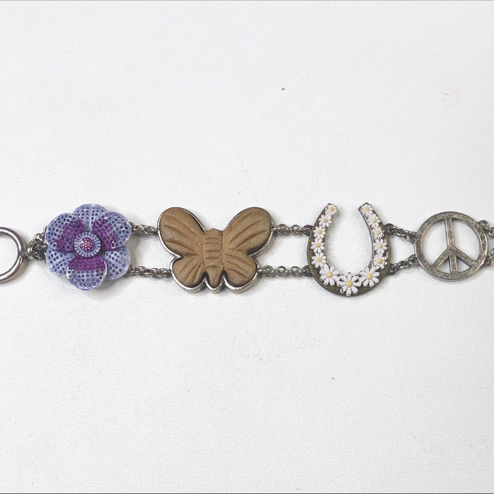 Lucky Brand Purple Flower, Wood Butterfly & Daisy Horseshoe Charm Bracelet